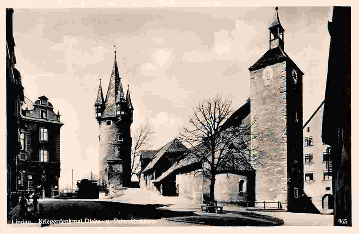 Lindau. Kriegerdenkmal, Diebsturm und Peter Kirchturm