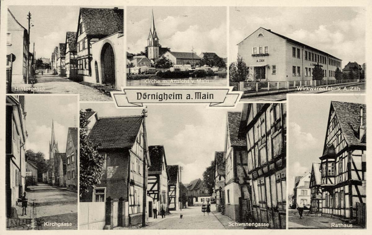 Maintal. Dörnigheim - Hintergasse, Kirche, Wirkwarenfabrik A. Zäh, Kirchgasse, Schwanengasse, Rathaus, 1956