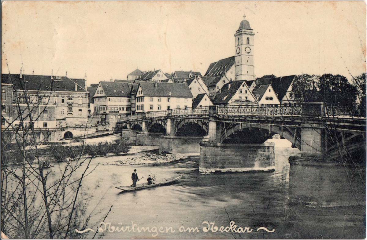 Nürtingen. Panorama von Stadt, Brücke und Kirche, 1907