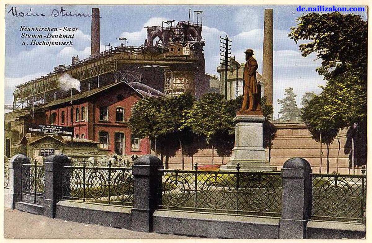 Neunkirchen. Stummdenkmal mit Hochöfen, um 1920