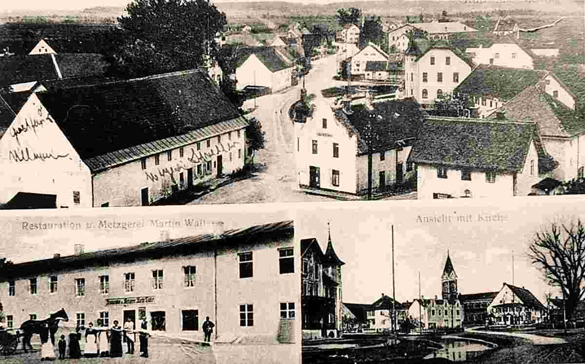 Olching. Blick auf Restaurant und Metzgerei, Kirche