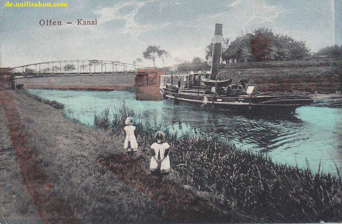 Olfen. Kanal mit Dampfer und 2 kleinen Mädchen, 1924