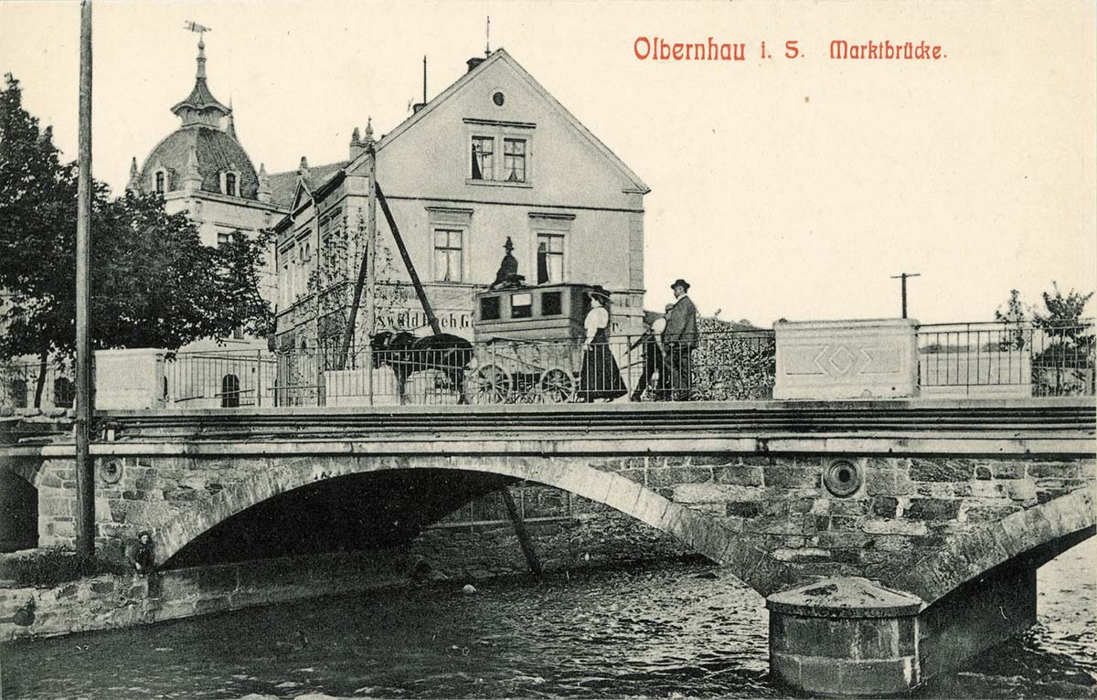 Olbernhau. Marktbrücke mit Postkutsche, 1910