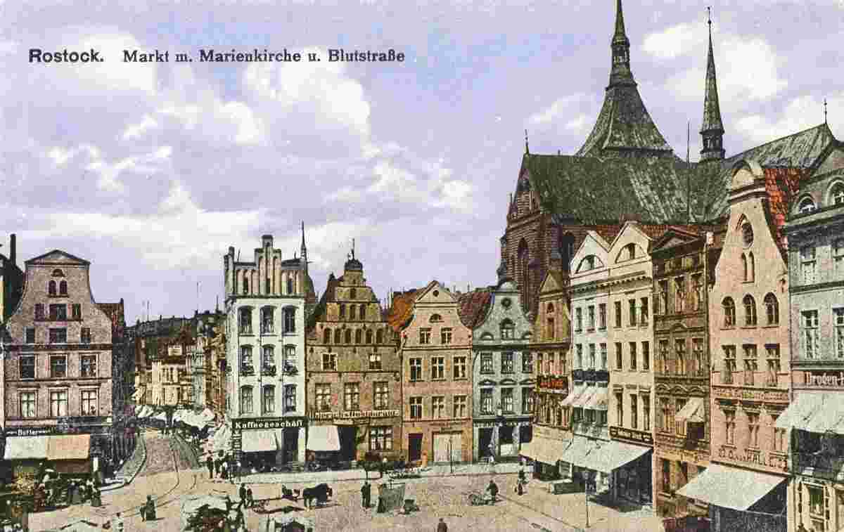 Rostock. Marktplatz mit Marienkirche und Blutstraße