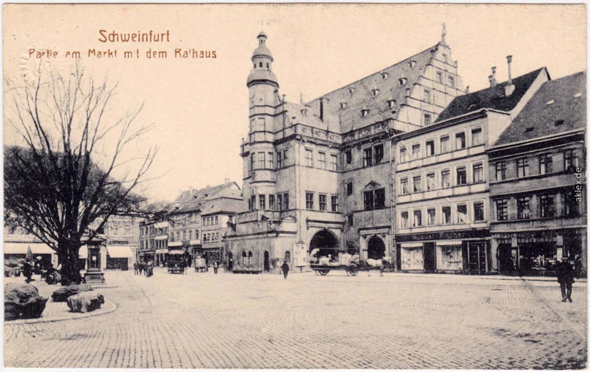 Schweinfurt. Rathaus, Markt und Geschäfte, 1916