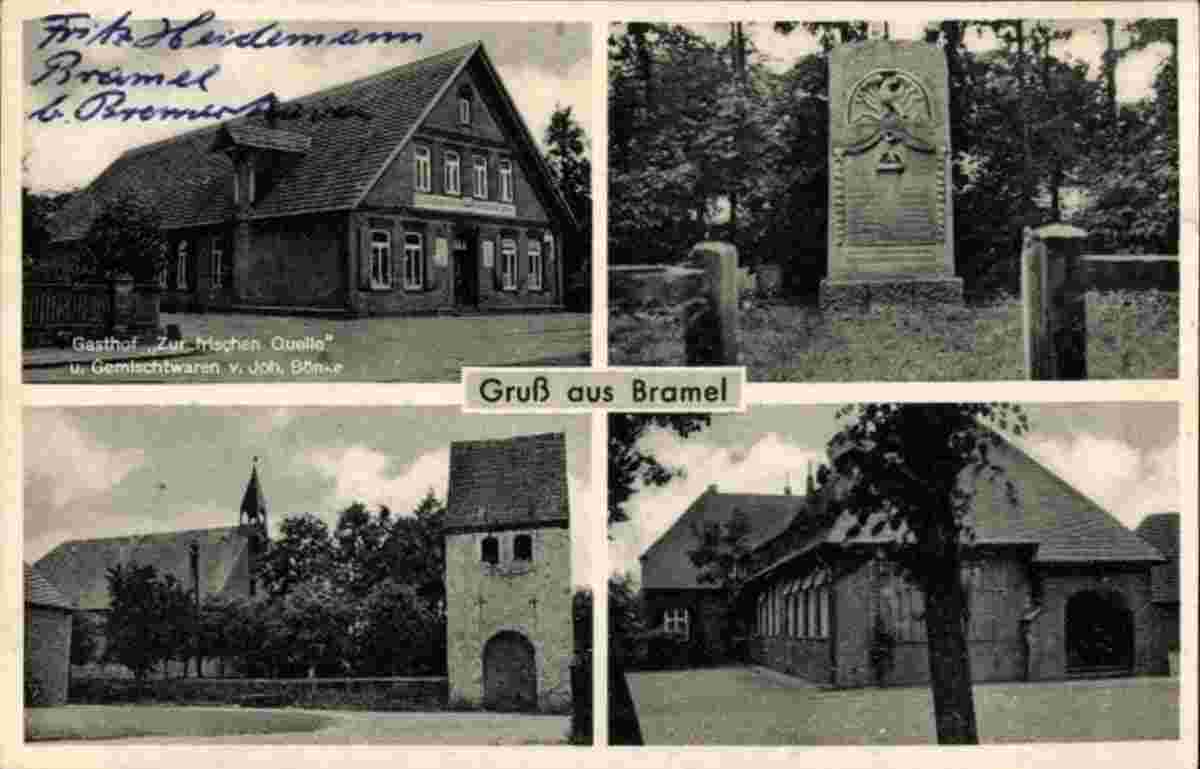 Schiffdorf. Bramel - Gasthof 'Zur Frischen Quelle' und Gemischtwaren von Joh. Bönke, Denkmal, Kirche, 1961