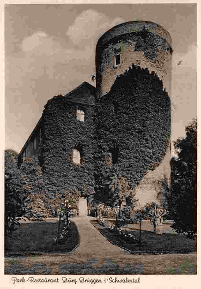 Schwalmtal. Park mit Restaurant, Burg Brueggen Ruine, 1958