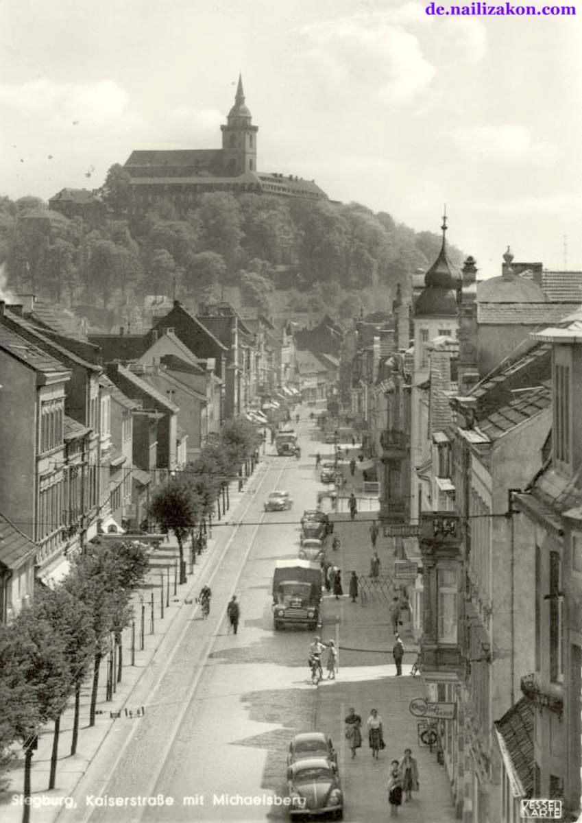 Siegburg. Kaiserstraße mit Michaelsberg, um 1950s
