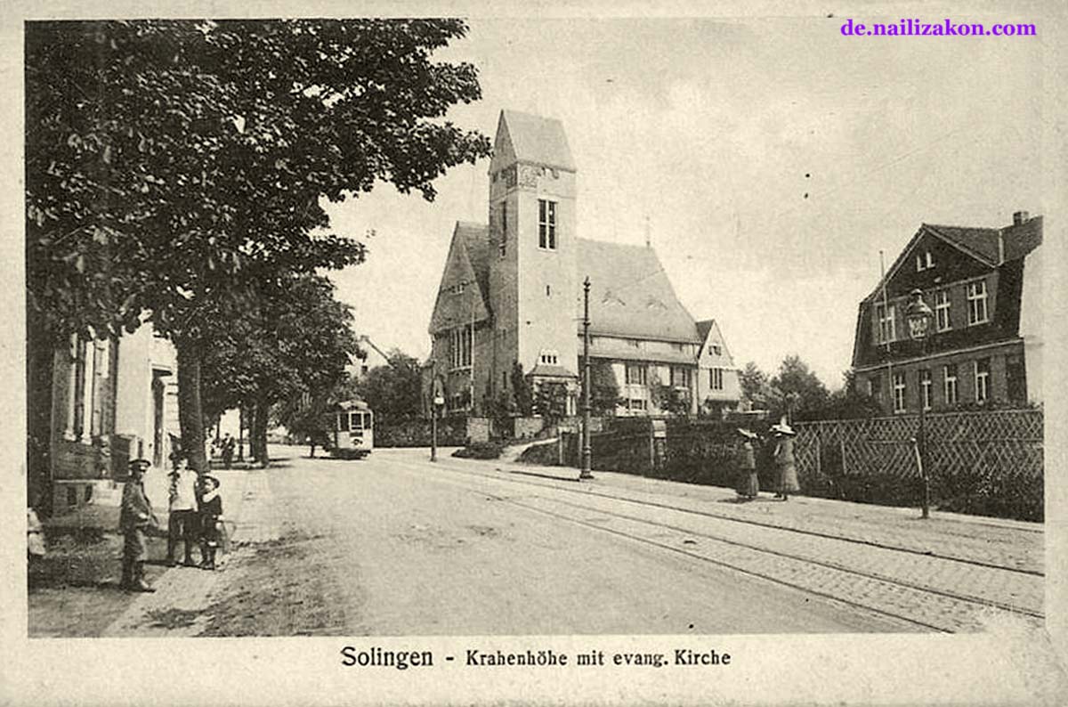 Solingen. Krahenhöhe mit Evangelische Kirche, Straßenbahn