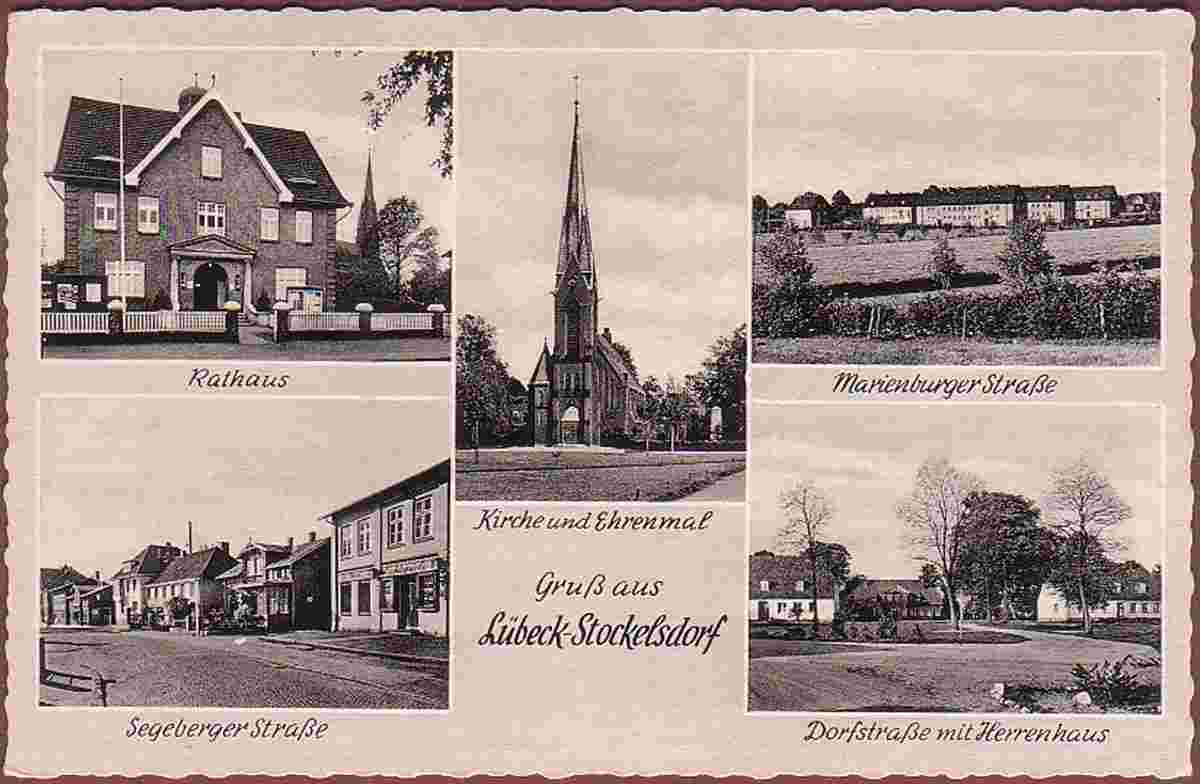 Stockelsdorf. Rathaus, Segeberger Straße, Marienburger Straße, Kirche und Herrenhaus