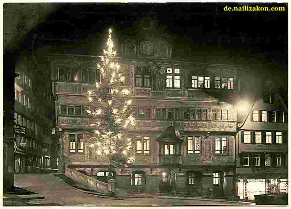 Tübingen. Nacht, Rathaus, Weihnachtsbaum