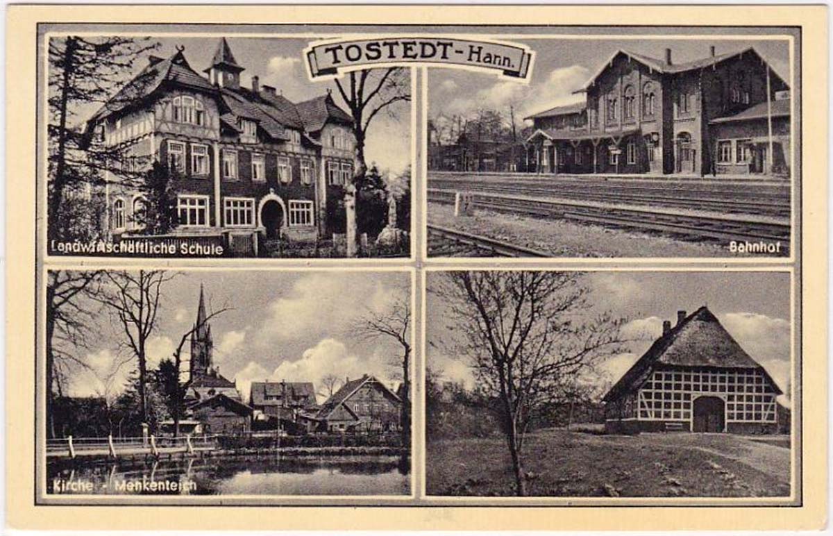 Tostedt. Landwirtschaftliche Schule, Kirche und Bahnhof