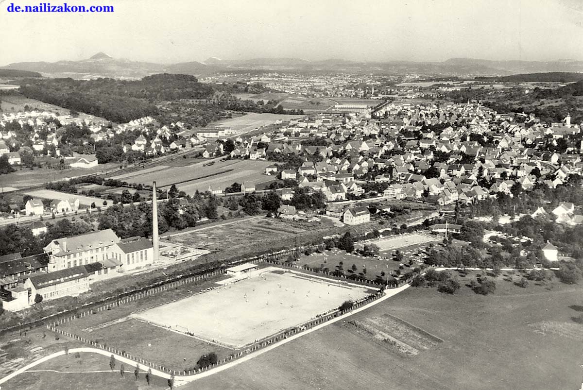 Uhingen. Panorama von football field, 1964