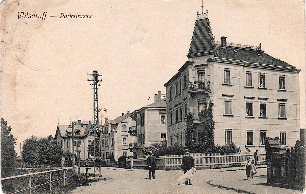 Wilsdruff. Stadtpark und Wasserquelle, Parkstraße, rechts - Hohe Straße, 1916
