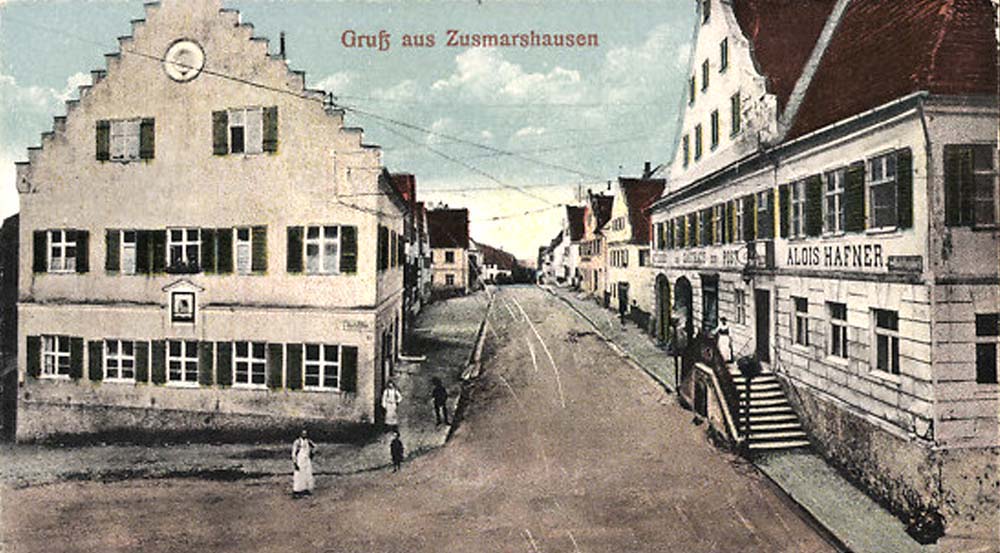 Zusmarshausen. Panorama der Stadtstraße, rechts - Gasthof zur Post
