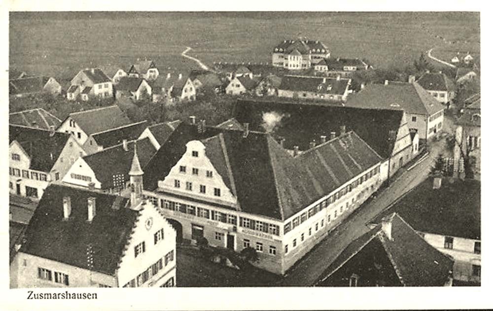 Zusmarshausen. Panorama von Stadt mit Gasthof zur Post, 1950