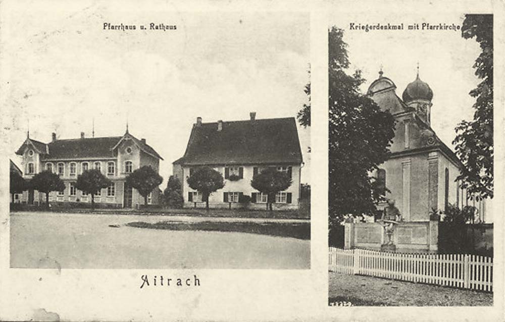 Aitrach. Pfarrhaus und Rathaus, Kriegerdenkmal mit Pfarrkirche