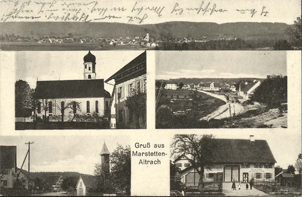 Aitrach. Marstetten - Kirche, Panorama von Dorfstraße, Gebäudeansicht