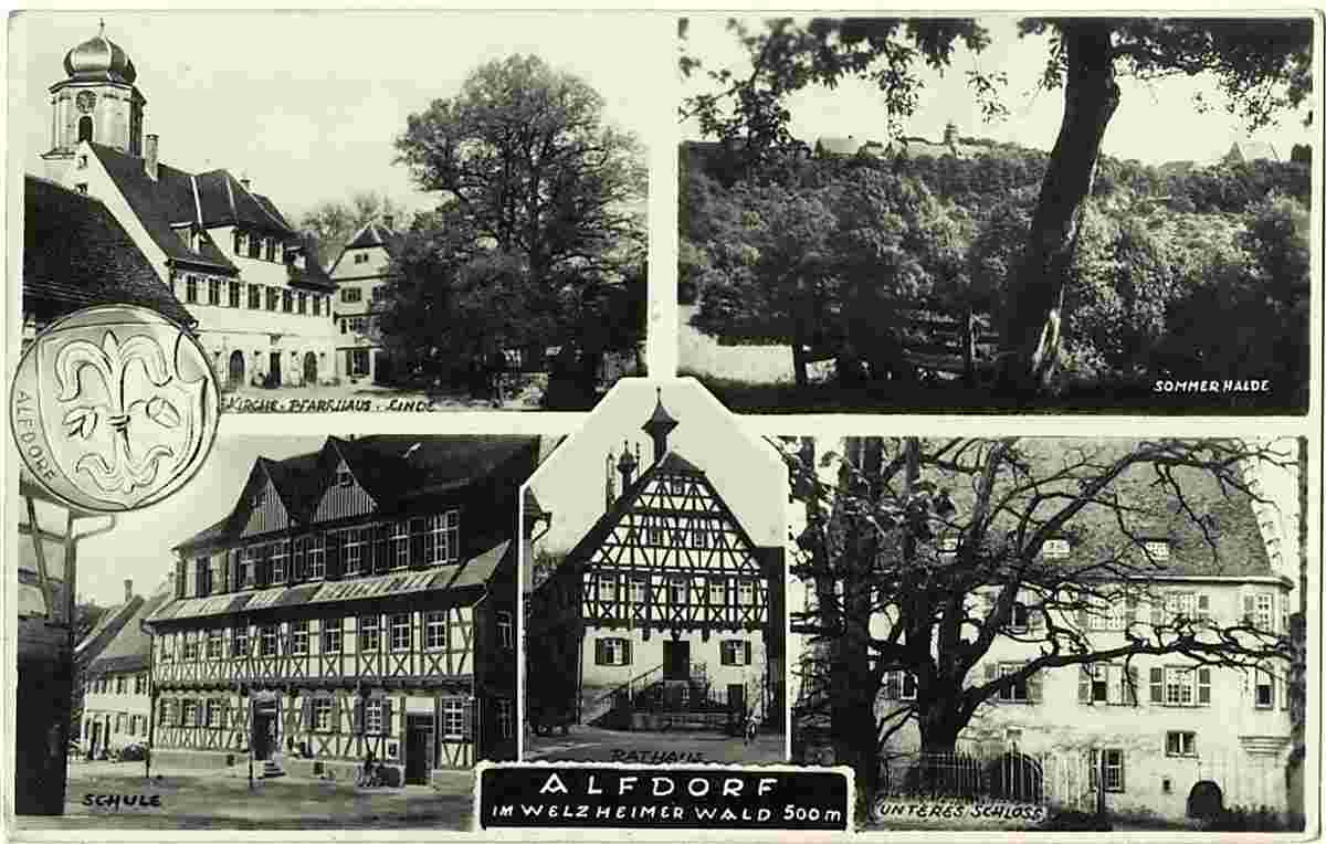 Alfdorf. Rathaus, Kirche und Pfarrhaus