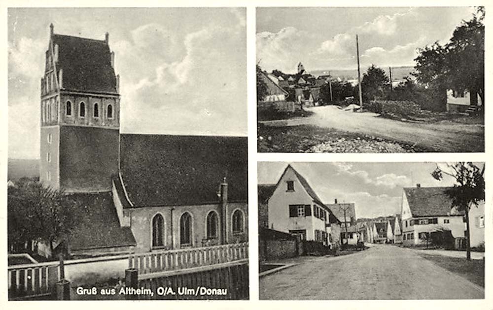 Altheim (Alb). Panorama von Kirche und Dorfstraßen