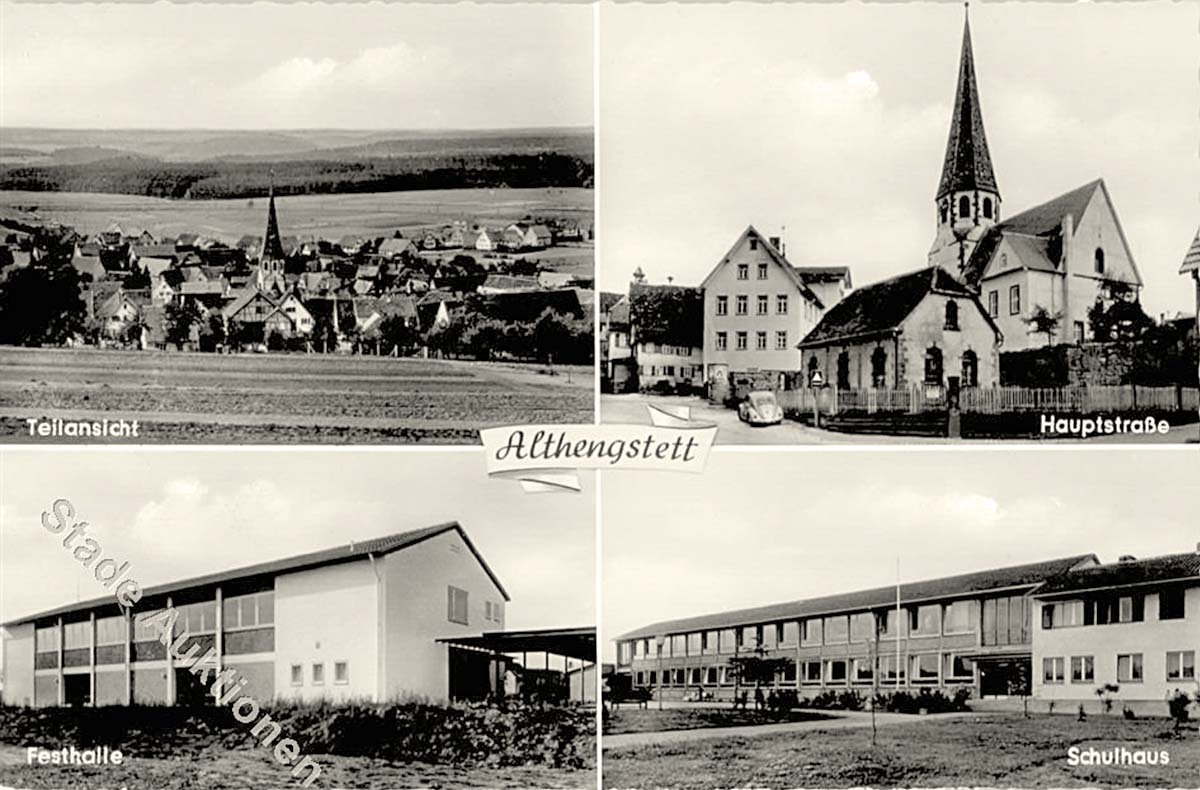 Althengstett. Hauptstrasse, Kirche, Festhalle und Schulhaus