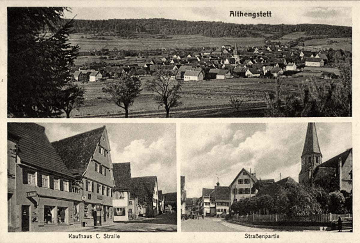 Althengstett. Panorama von Straßen, Kaufhaus C. Straile, Kirchturm, 1936