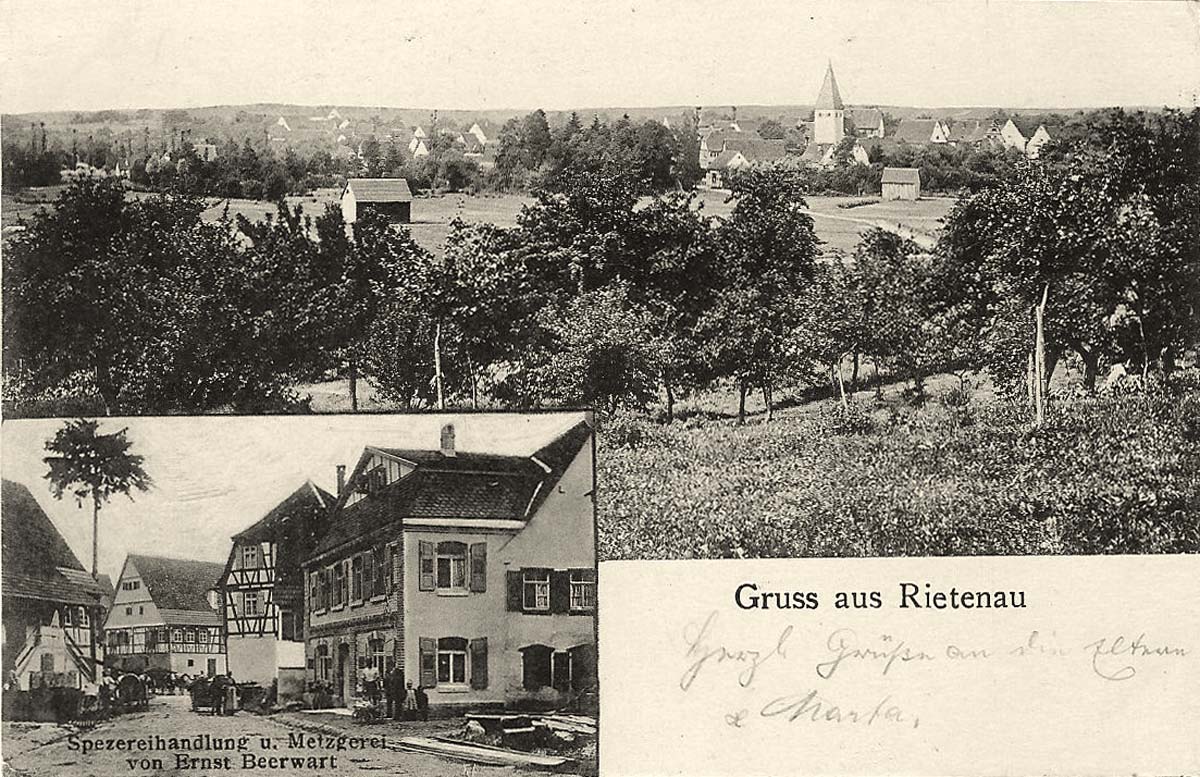 Aspach (bei Backnang). Rietenau - Spezereihandlung und Metzgerei von Ernst Beerwart, 1911