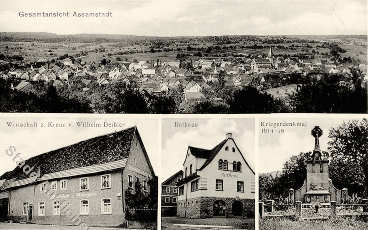Assamstadt. Gasthaus zum Kreuz von Wilhelm Deißler, Rathaus, Kriegerdenkmal 1914-18