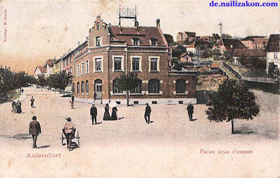 Aulendorf. Panorama von Straße und Postamt, 1911
