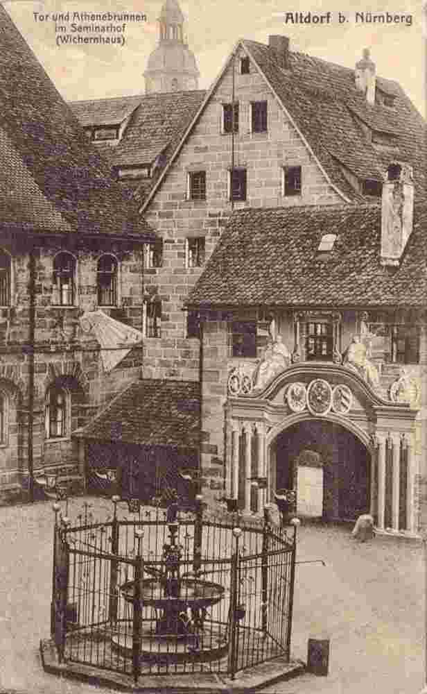 Altdorf bei Nürnberg. Seminarhof (Wichernhaus) - Tor und Athene Brunnen