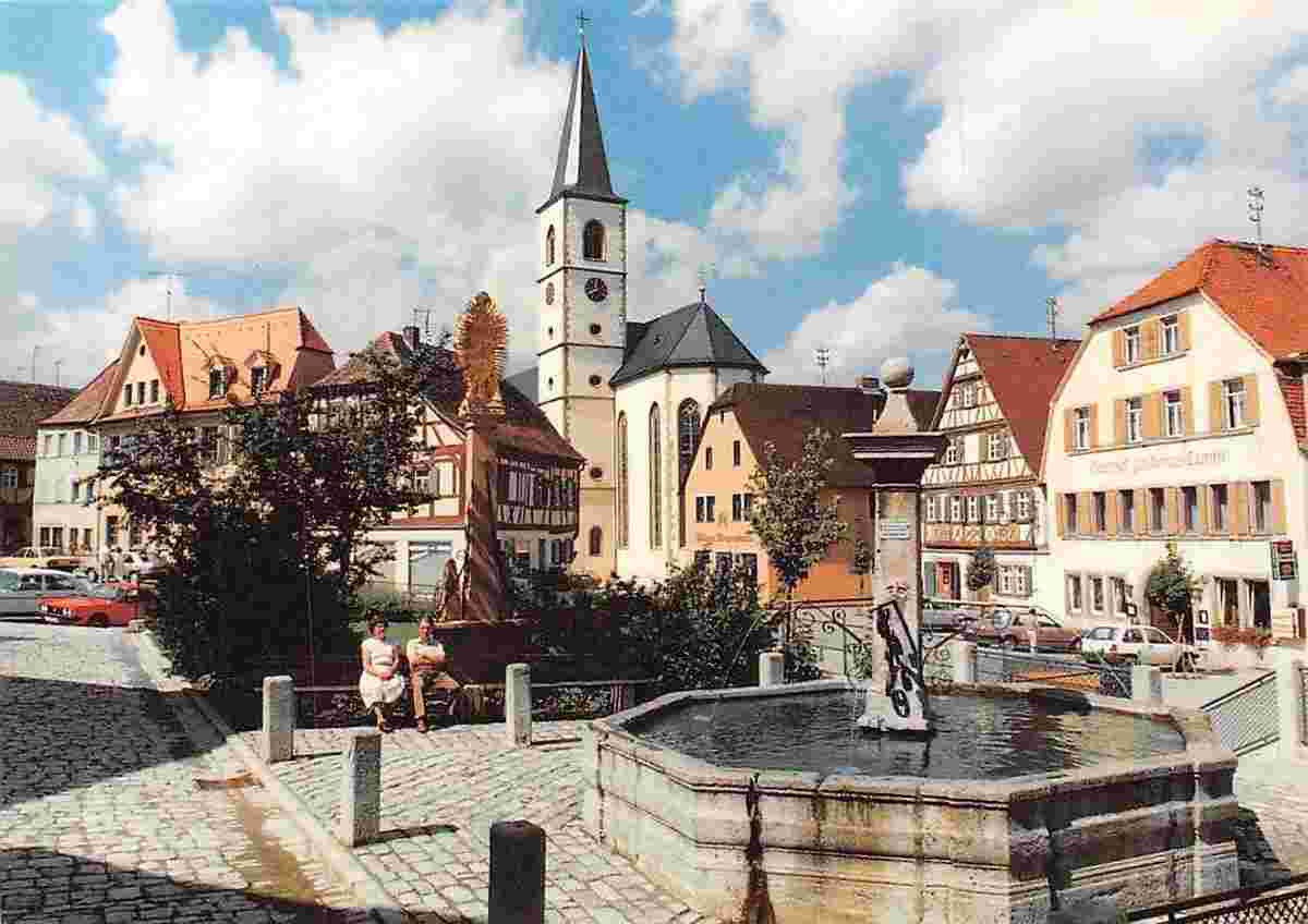 Aub. Kirche, Marktplatz mit Brunnen, Gasthof 'Goldenes Lamm'