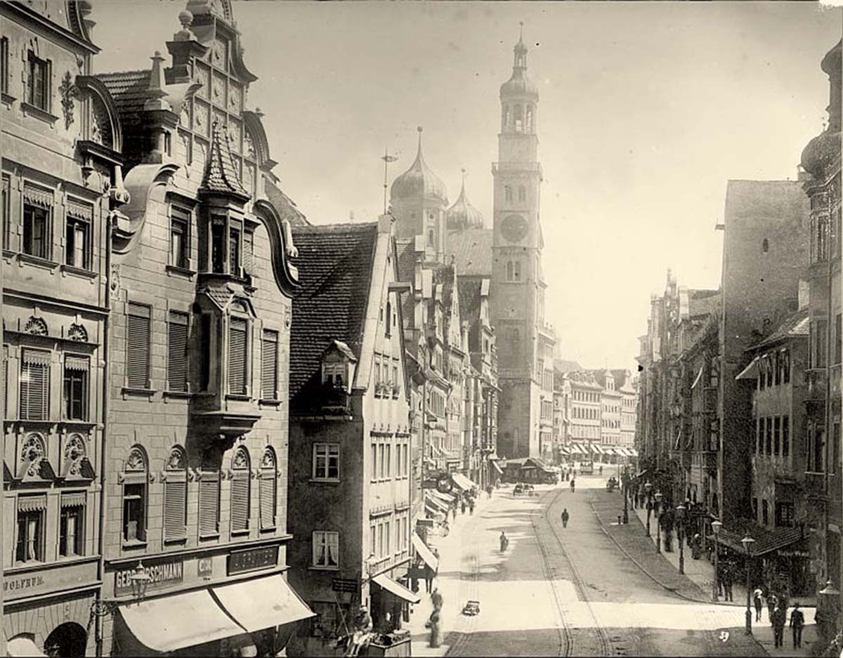 Augsburg. Karolinenstraße mit Perlachturm, zwischen 1909 und 1920