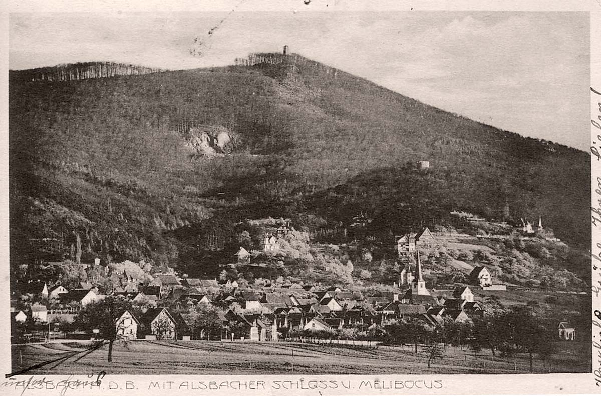 Alsbach-Hähnlein. Alsbach - Totale mit Schloss und Melibokus, 1916