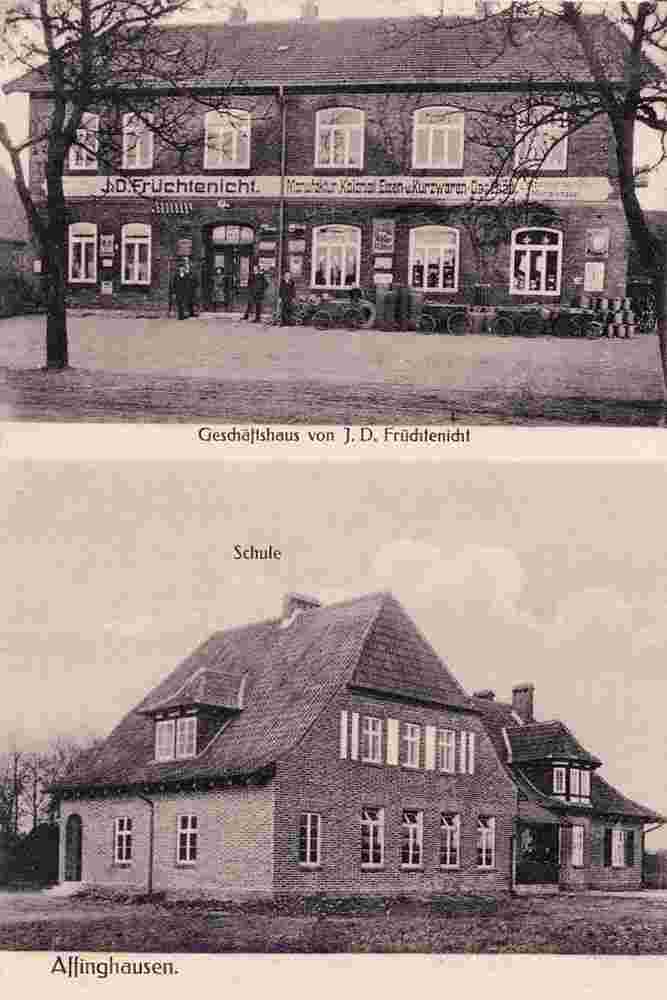 Affinghausen. Geschäftshaus J. D. Früchtenicht, Schule, 1917