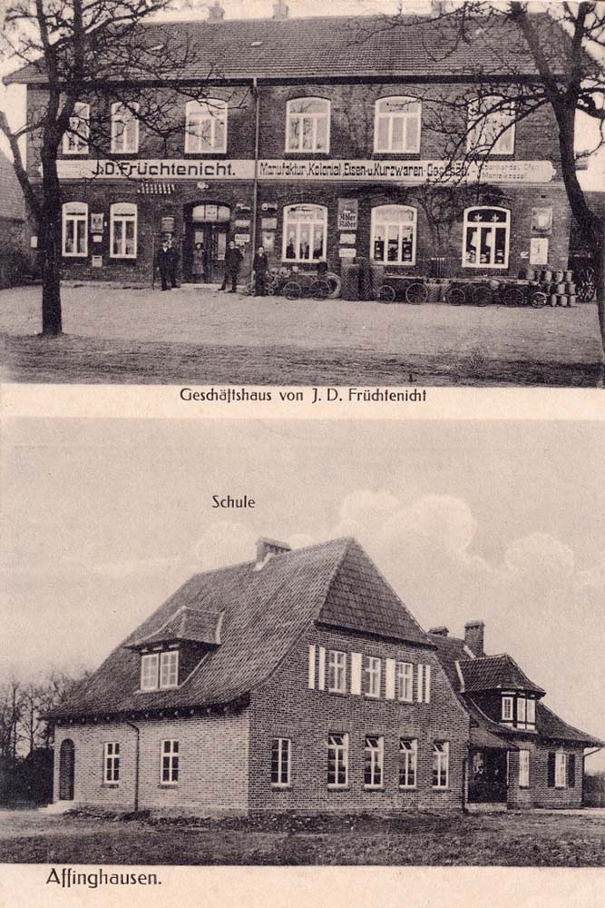 Affinghausen. Geschäftshaus J. D. Früchtenicht, Schule, 1917