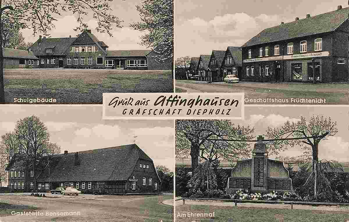 Affinghausen. Schulgebäude, Geschäftshaus Früchtenicht, Gaststätte Bensemann, Am Ehrenmal