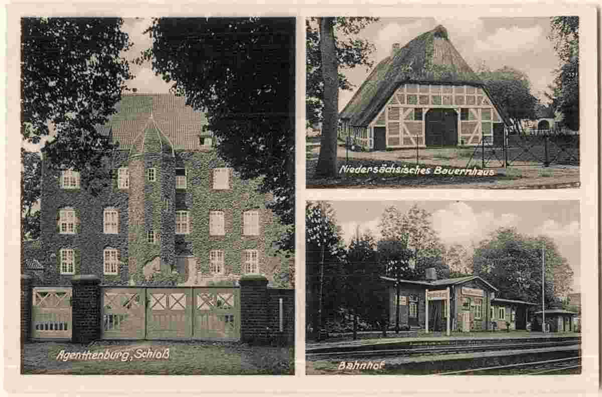 Agathenburg. Schloß, Bauernhaus, Bahnhof, um 1940