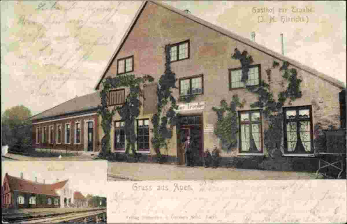 Apen. Gasthof zur Traube von J. H. Hinrichs, Bahnhof, Gleisseite, 1906