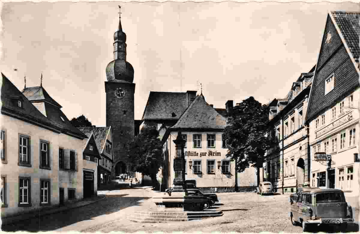 Arnsberg. Glockenturm, Maximiliansbrunnen und Gaststätte zur Krim