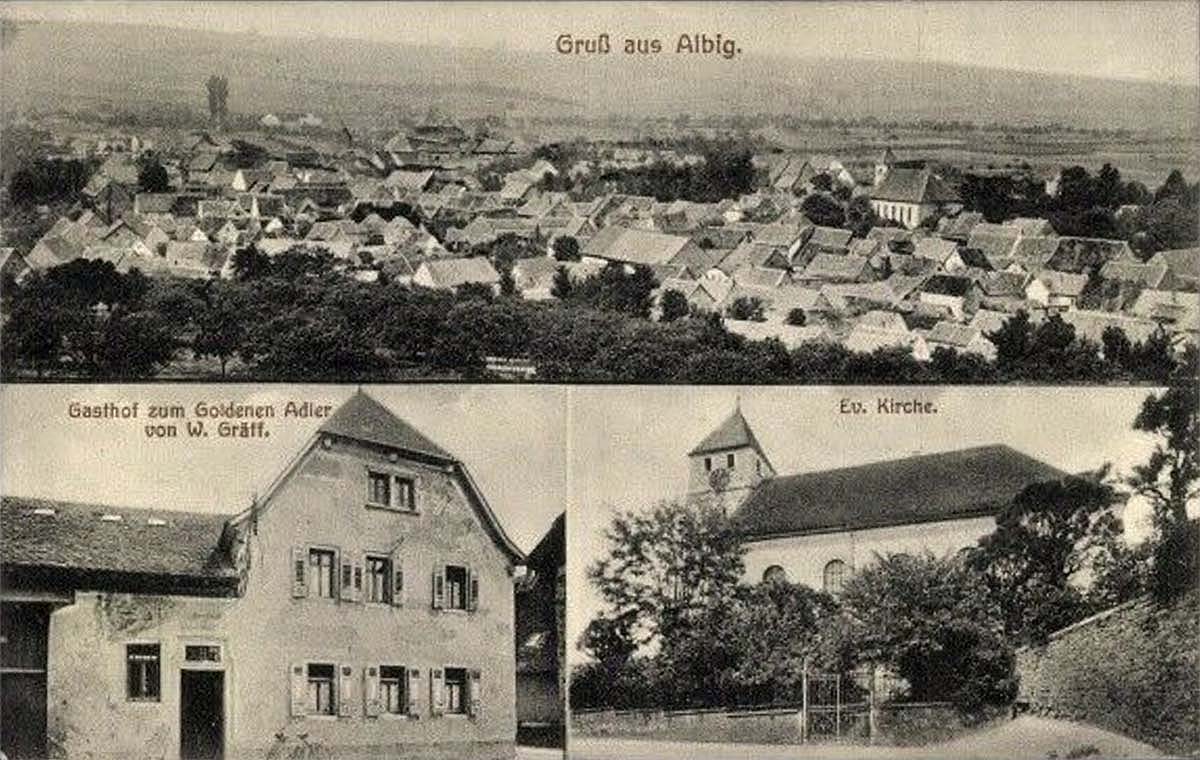 Panorama von Albig, Gasthof zum Goldenen Adler, Kirche, 1918