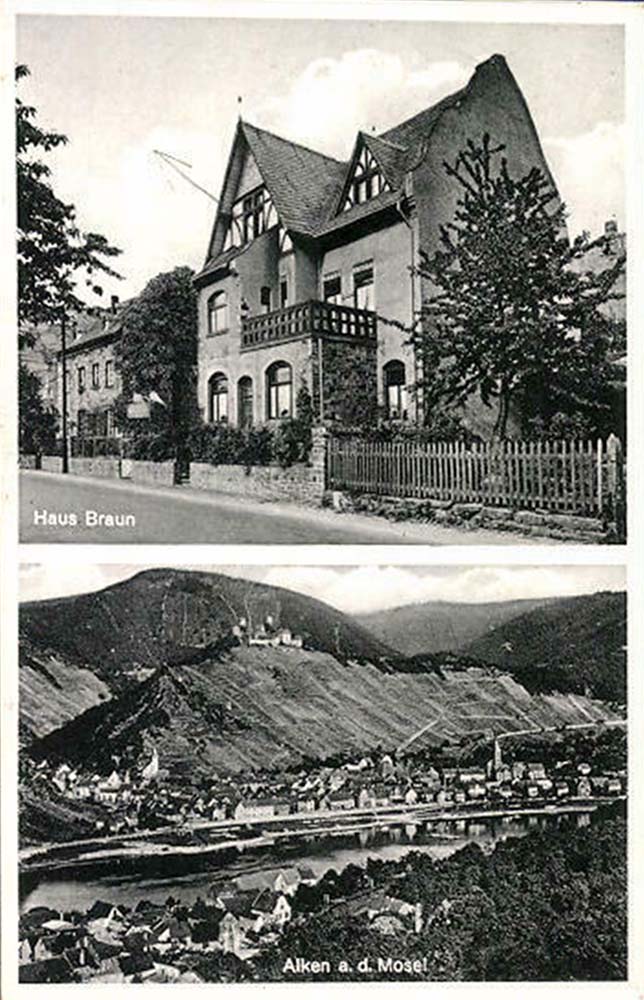 Alken (Untermosel). Pension Haus Braun, Blick auf den Ort, 1939