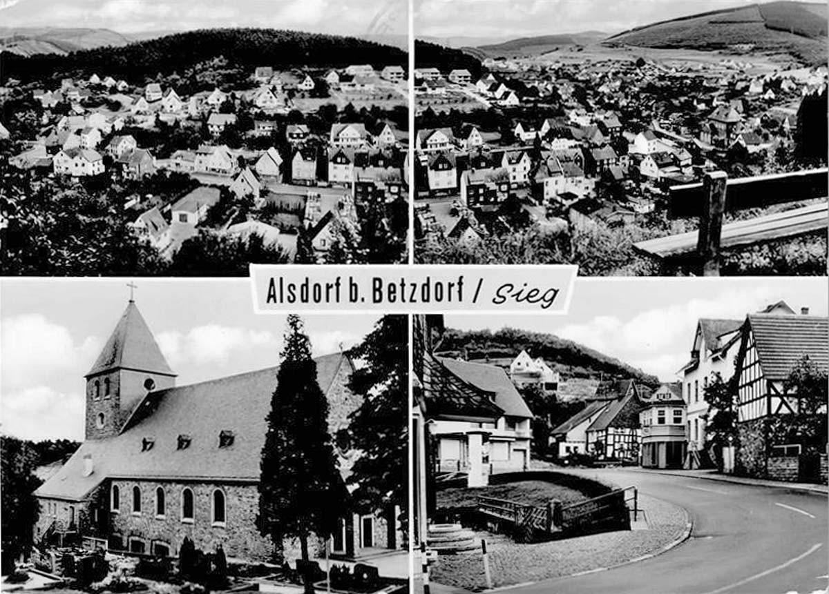 Blick auf Alsdorf (Westerwald), Kirche, Straße