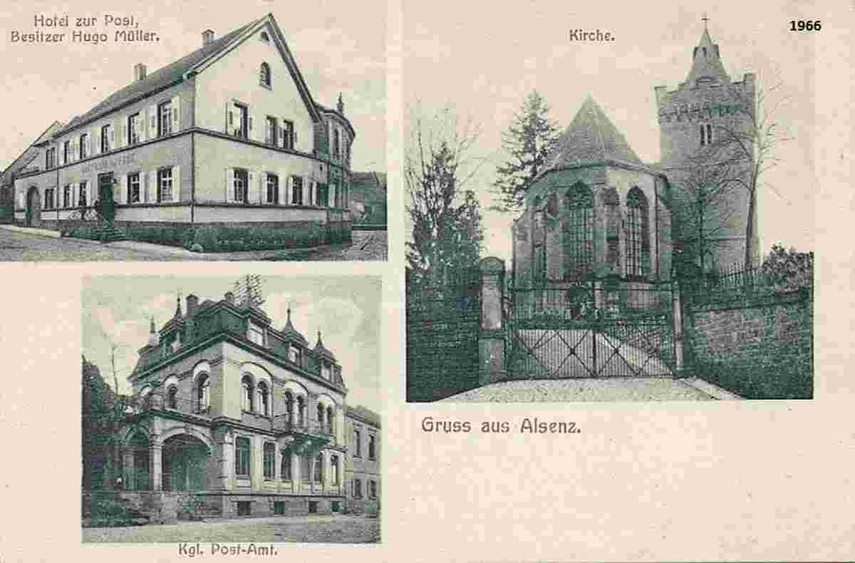 Alsenz. Kirche, Königliche Postamt und Hotel zur Post, Besitzer Hugo Müller, 1920