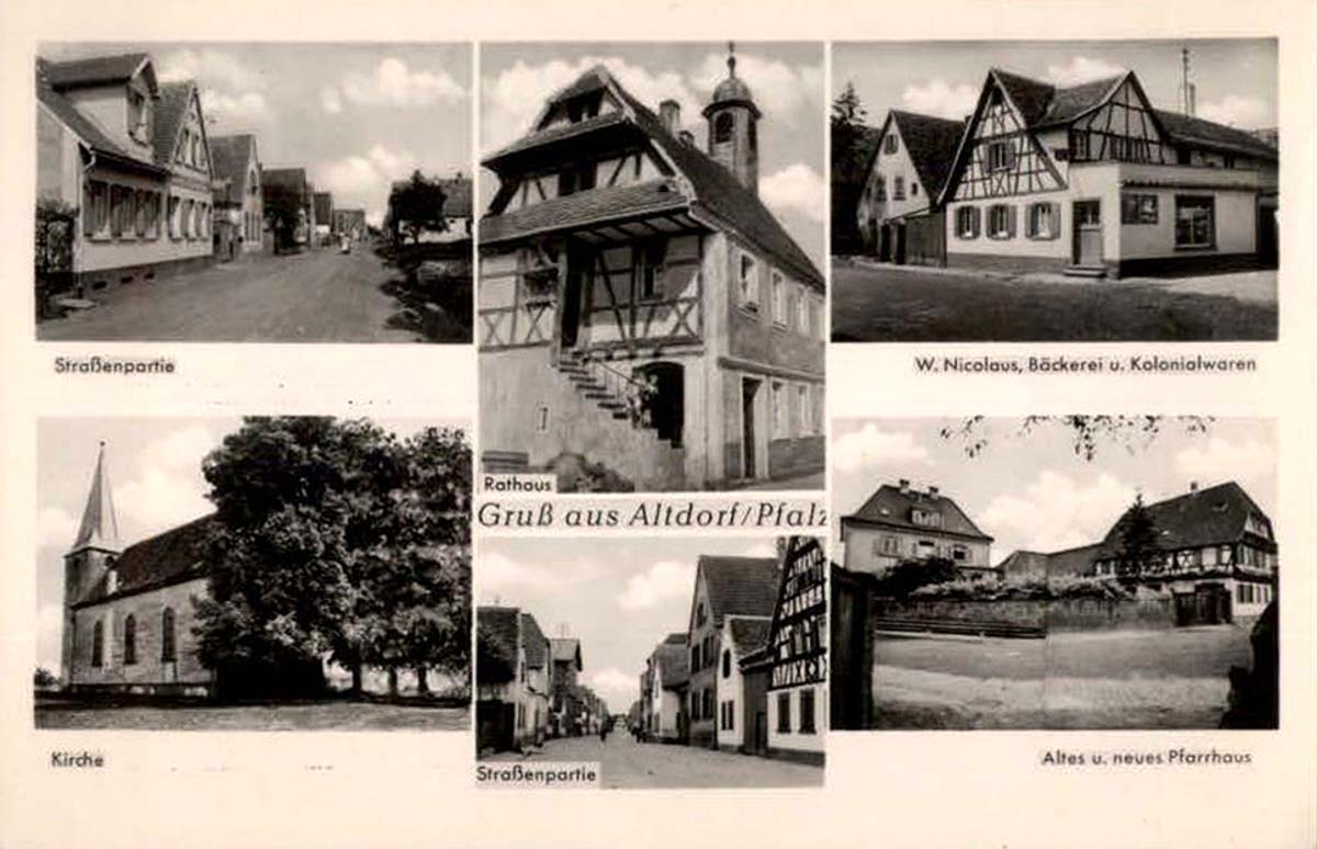 Altdorf. Kirche, Rathaus, Bäckerei und Kolonialwaren, Altes und neues Pfarrhaus