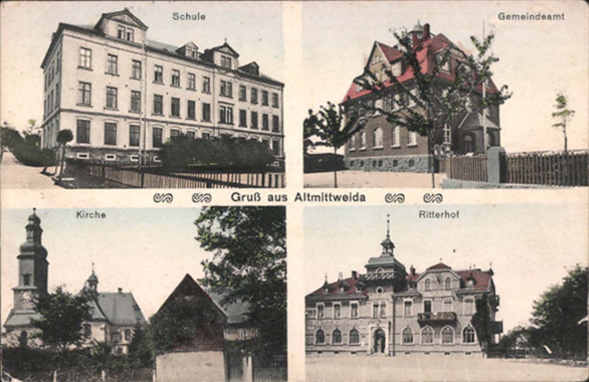 Altmittweida. Gasthaus Ritterhof, Kirche, Schule und Gemeindeamt, 1915