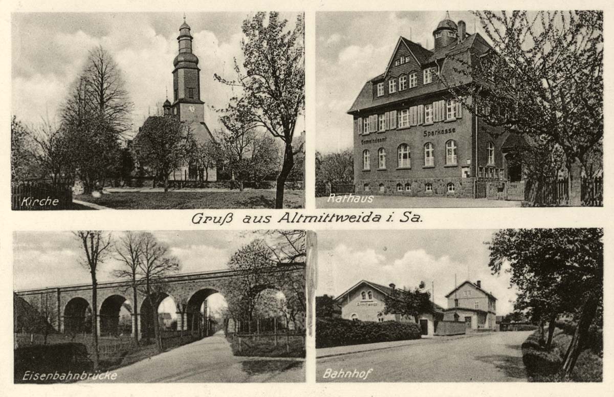 Altmittweida. Kirche, Rathaus, Eisenbahnbrücke und Bahnhof