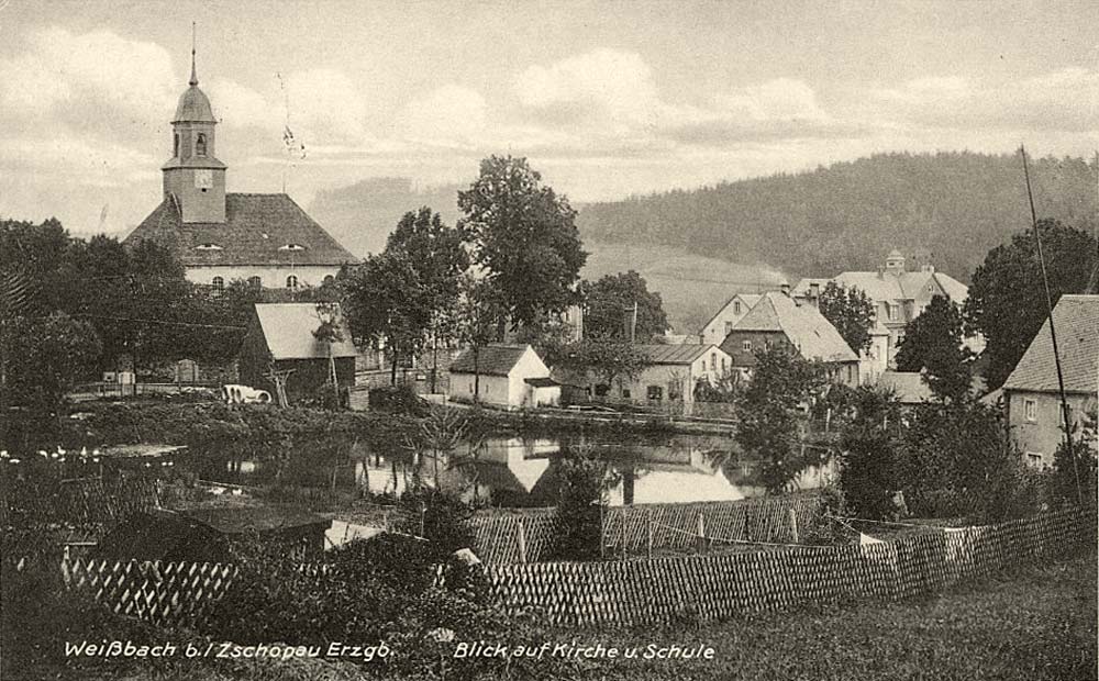 Amtsberg. Weißbach - Kirche, Schule und Dorfteich, 1937