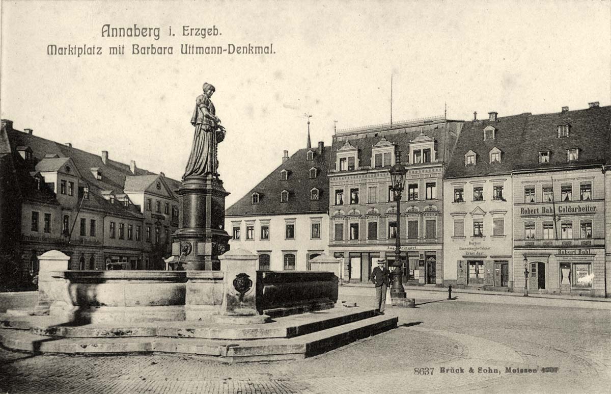 Annaberg-Buchholz. Annaberg - Marktplatz mit Barbara Uthmann-Denkmal, 1907