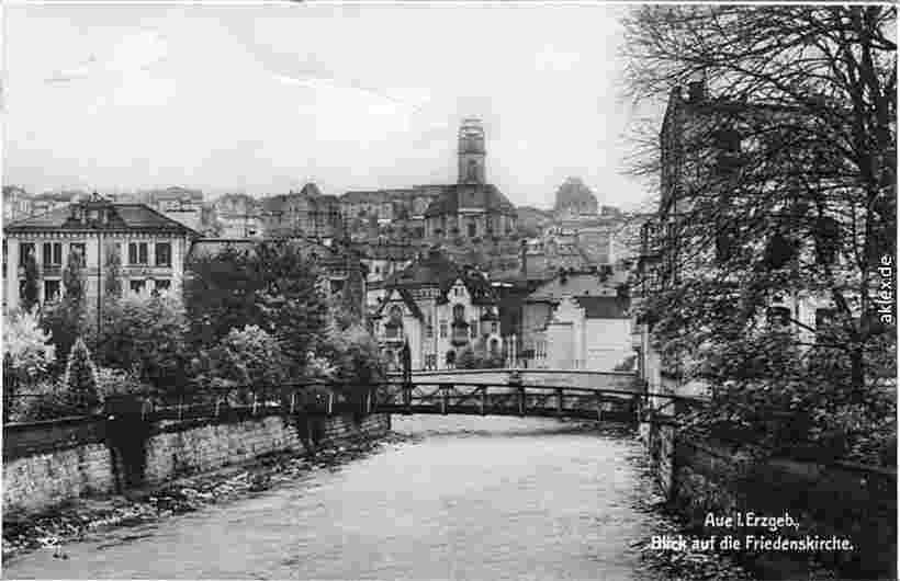 Aue. Blick auf die Friedenskirche - Kanal 1931