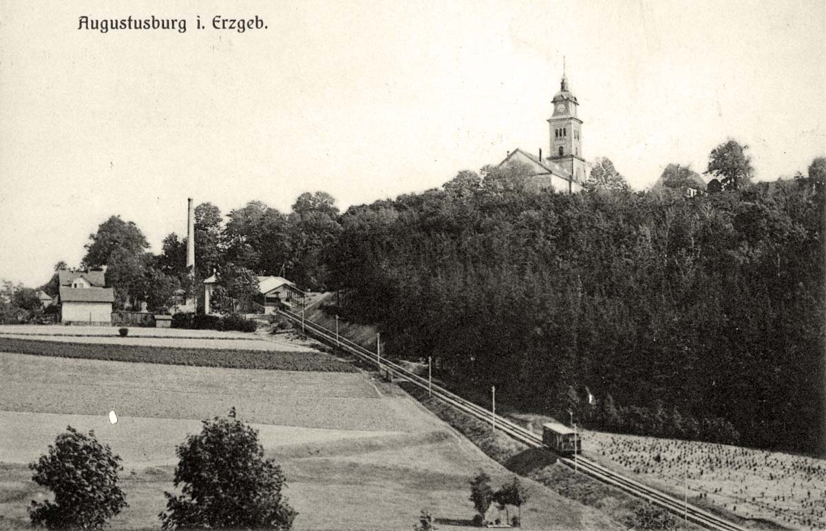 Augustusburg. Kirche und neue Drahtseilbahn in Betrieb, 1912